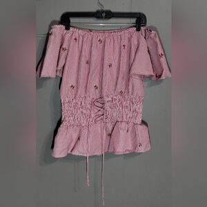 Roommates Red/White Smocked Tie Front Blouse Size (L)